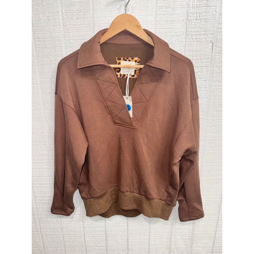 Umgee Pullover Sweatshirt Women Brown Quilted V-Neck Leopard Trim M